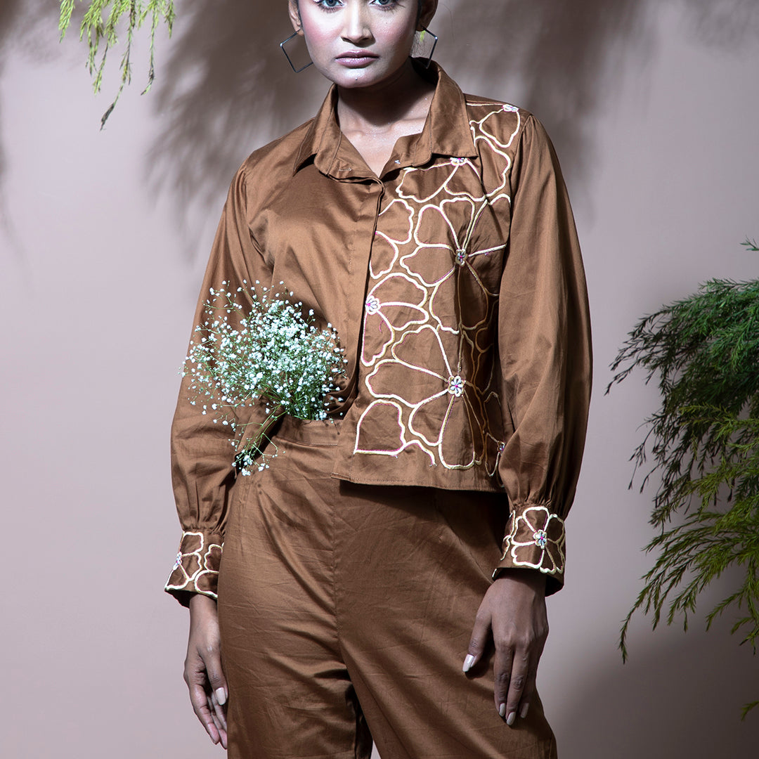 Brown coordset with embroidery