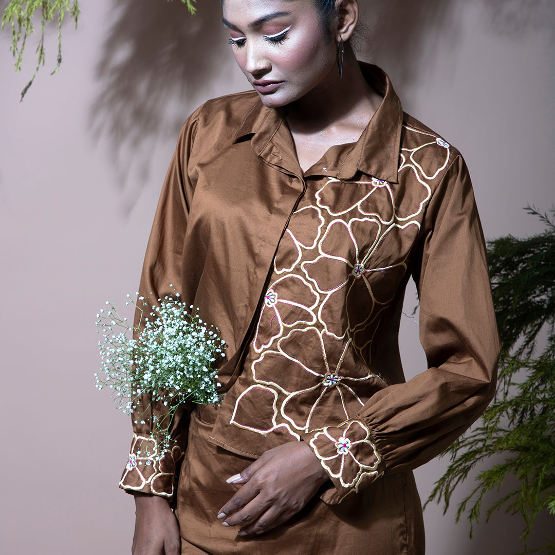 Brown coordset with embroidery