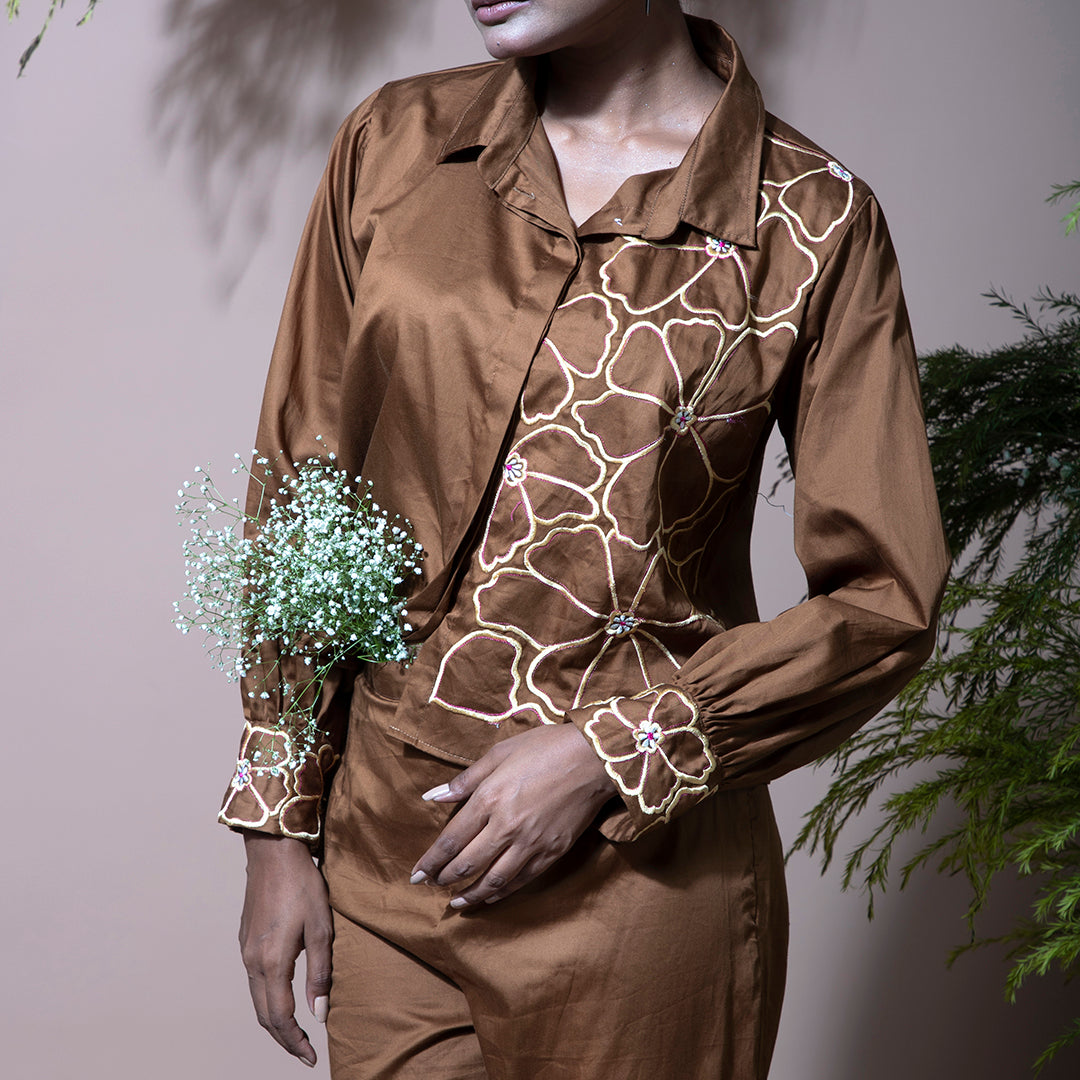 Brown coordset with embroidery