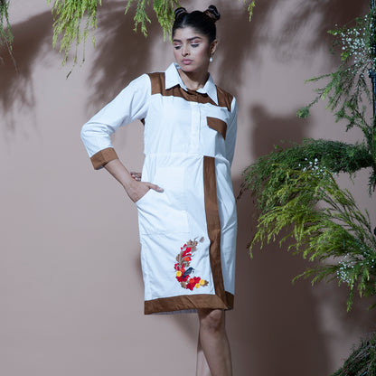 White and brown embroidery dress