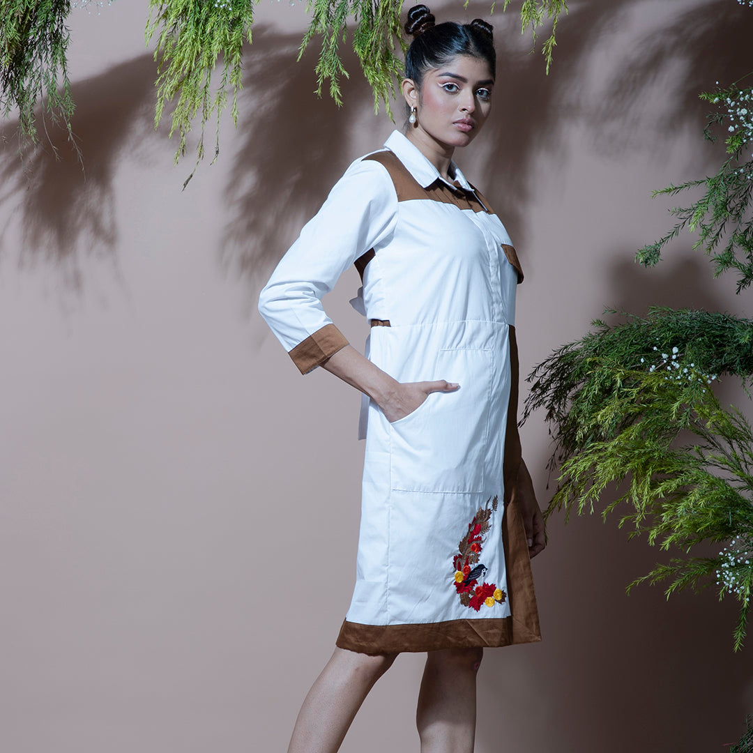 White and brown embroidery dress