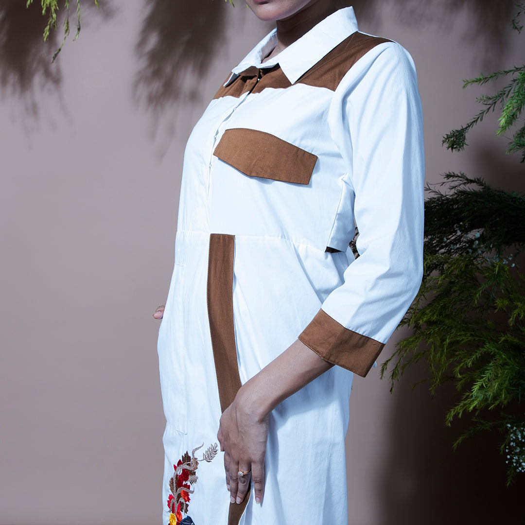 White and brown embroidery dress