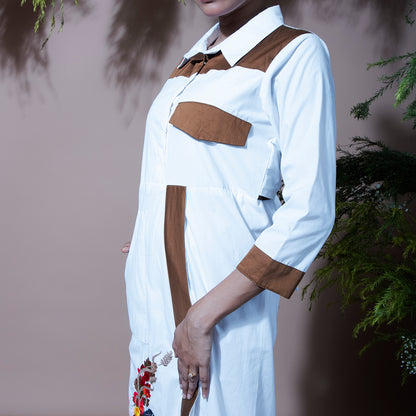 White and brown embroidery dress