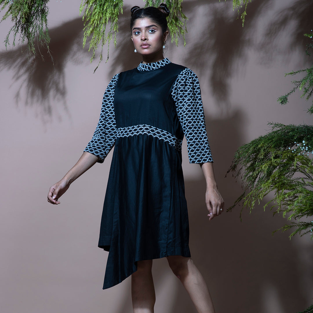Black dress with cutwork embroidery sleeves
