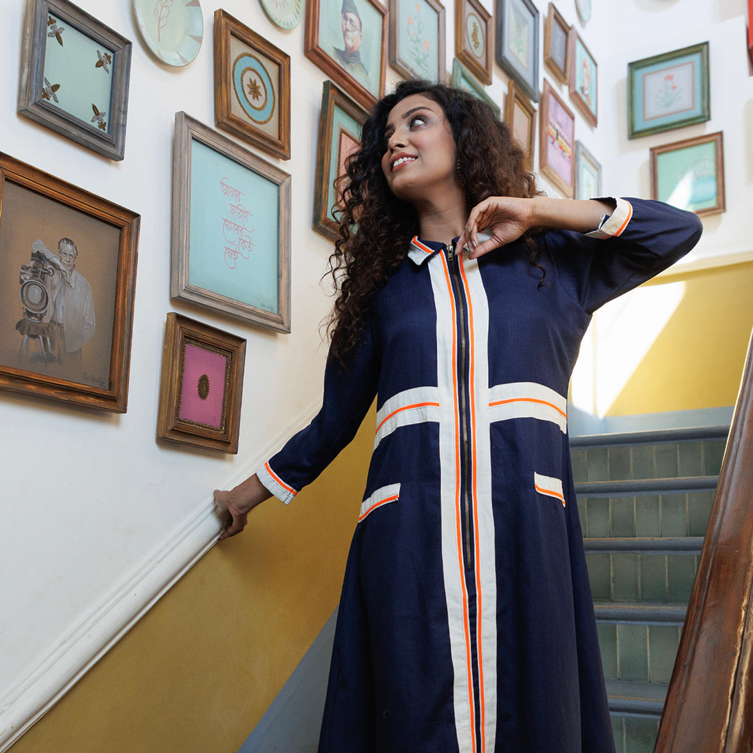 Blue dress with multicolour panel