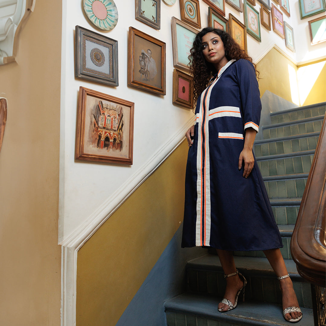 Blue dress with multicolour panel