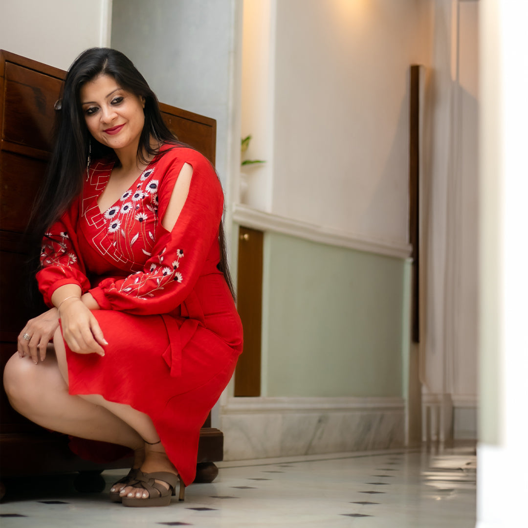 Red hand embroidery dress