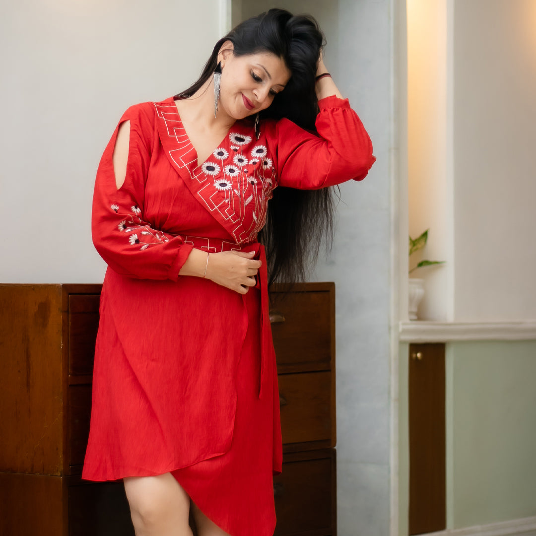 Red hand embroidery dress