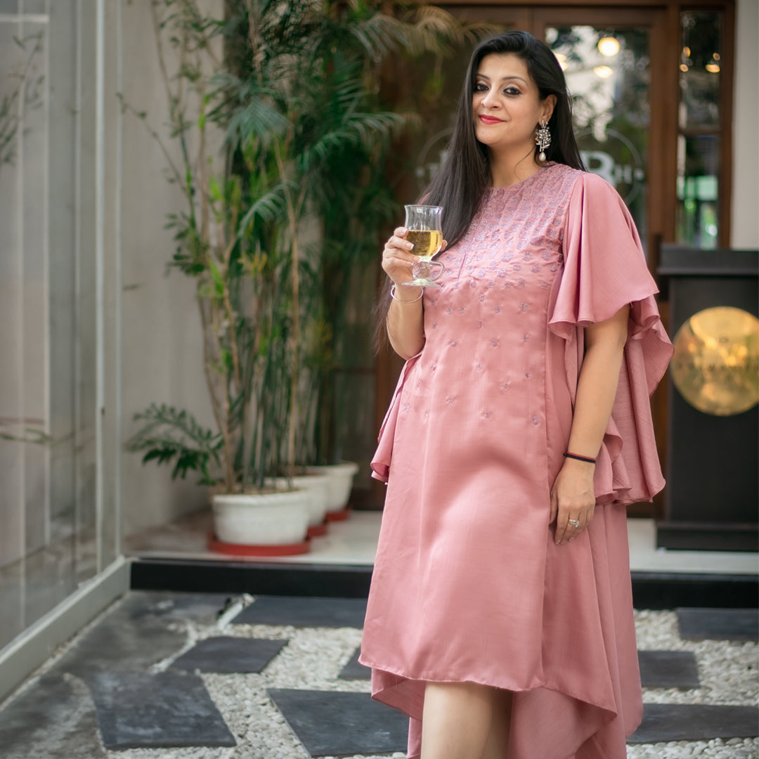 Pink hand embellished high low dress