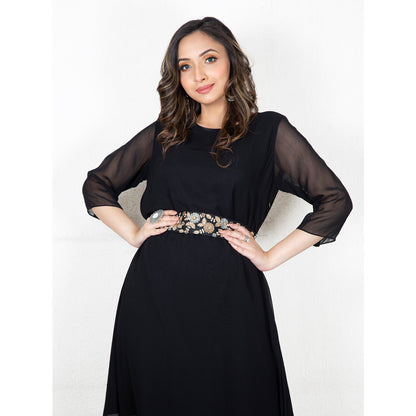 Black drape dress with belt