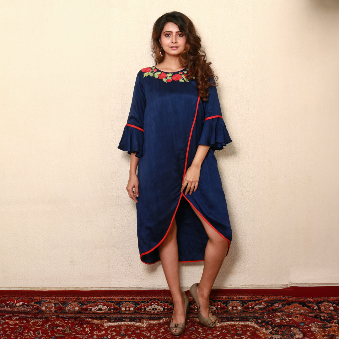 High low shirt dress with neck embroidery
