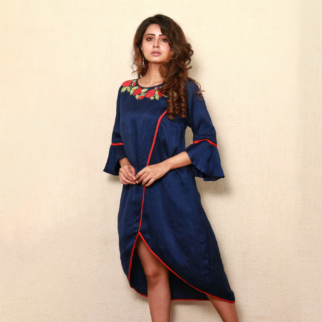 High low shirt dress with neck embroidery
