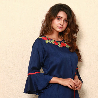 High low shirt dress with neck embroidery