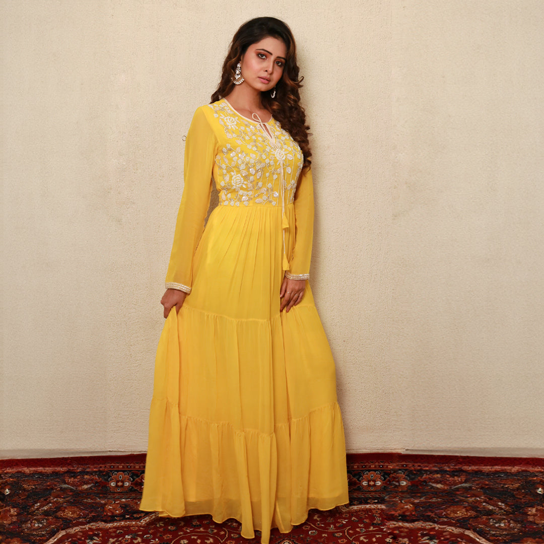 Neck hand embroidery full gown dress