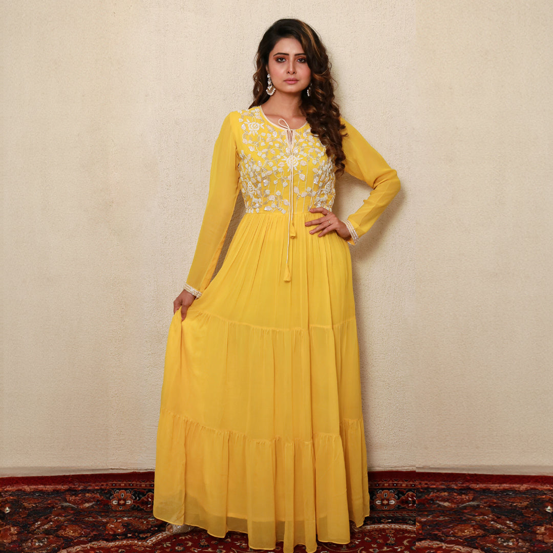Neck hand embroidery full gown dress