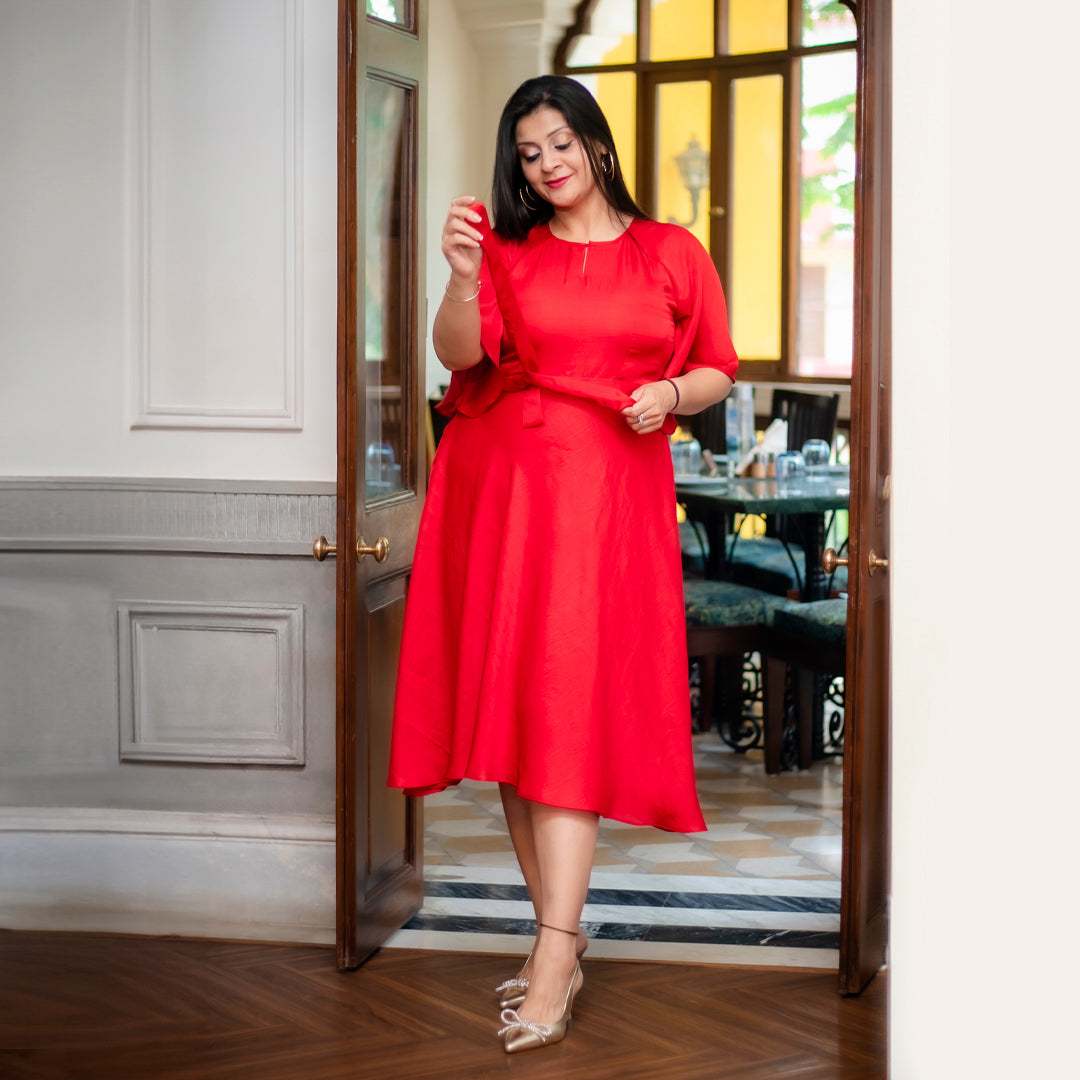 Red dress with tie on belt