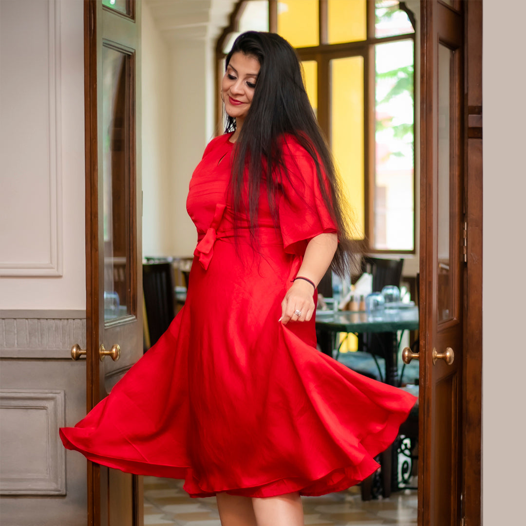 Red dress with tie on belt