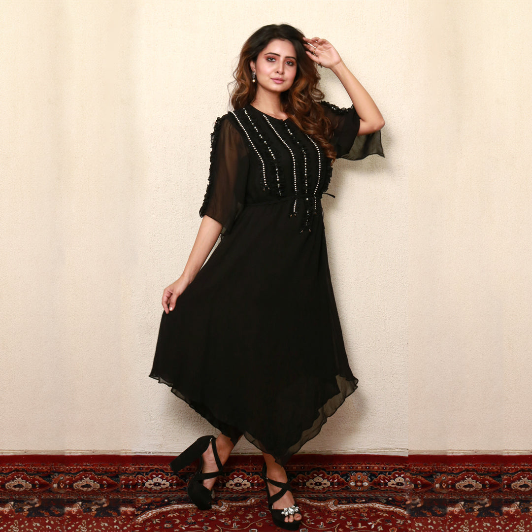 Black v cut dress with hand work