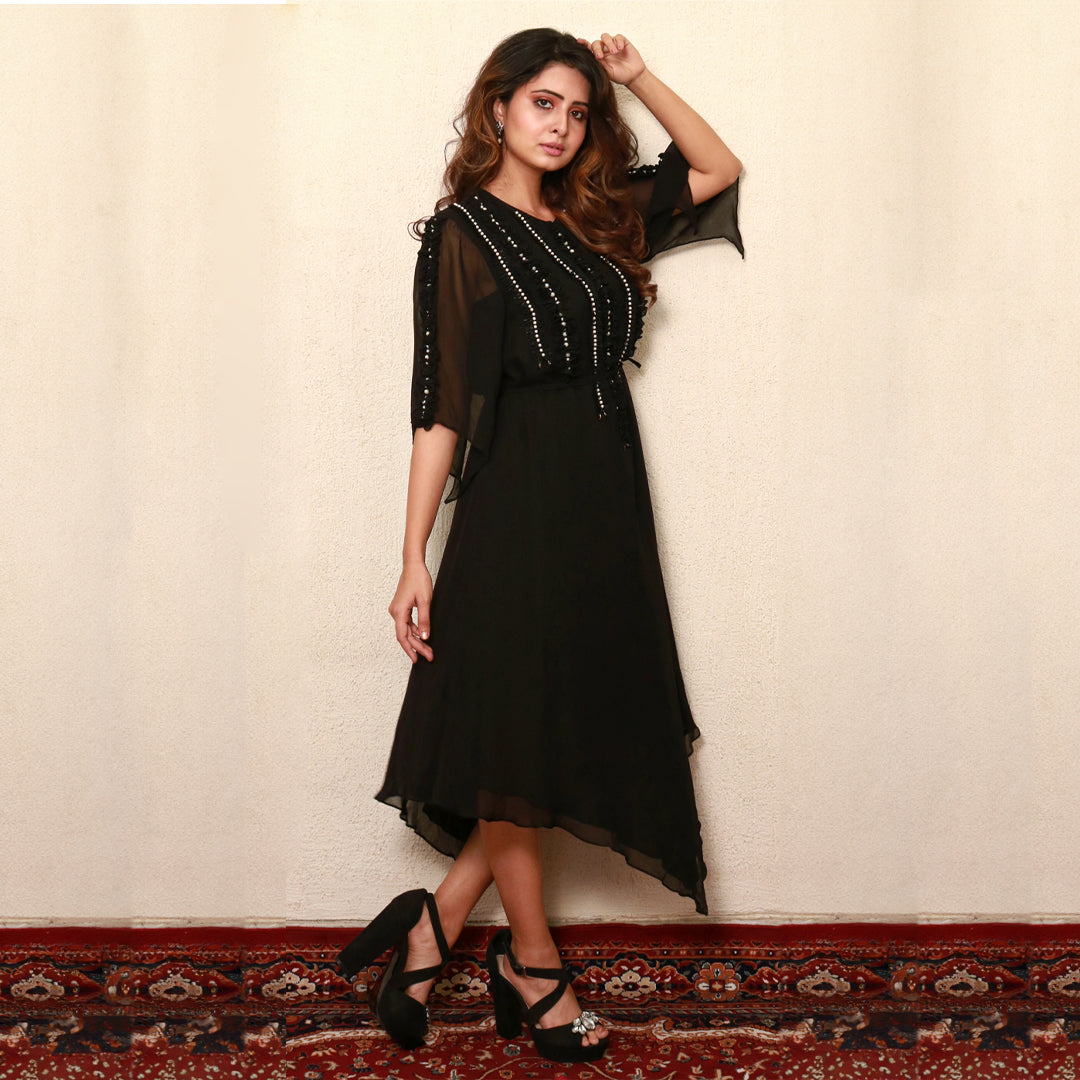 Black v cut dress with hand work