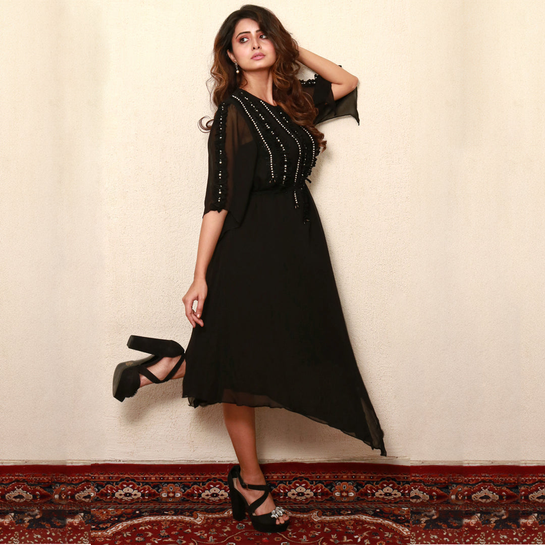Black v cut dress with hand work