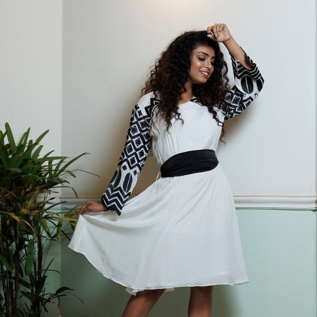 white crepe dress with embroidery sleeves