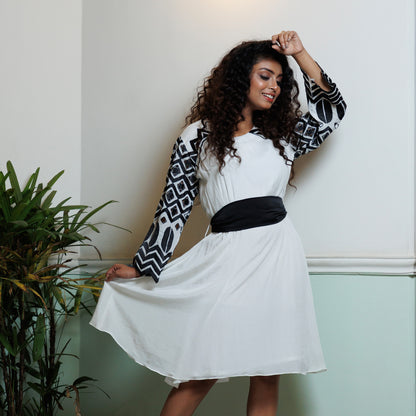 white crepe dress with embroidery sleeves