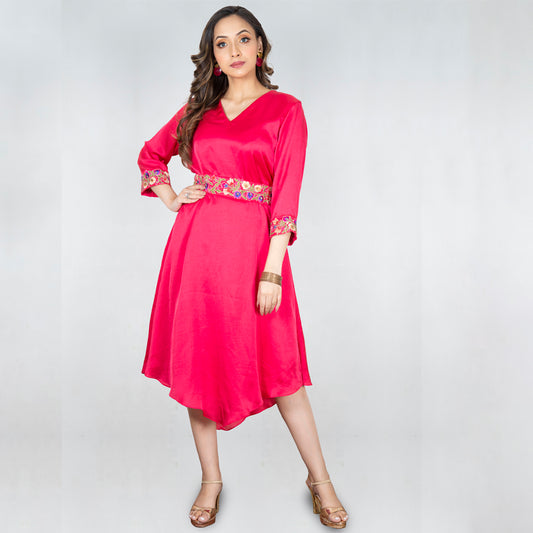 V cut dress with hand work belt