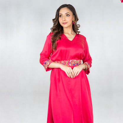 V cut dress with hand work belt