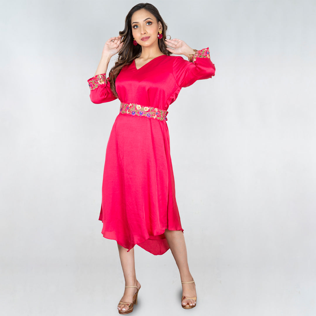 V cut dress with hand work belt
