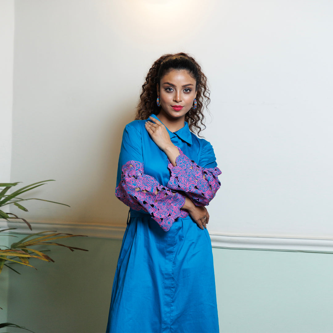 Cutwork sleeves elegant midi dress