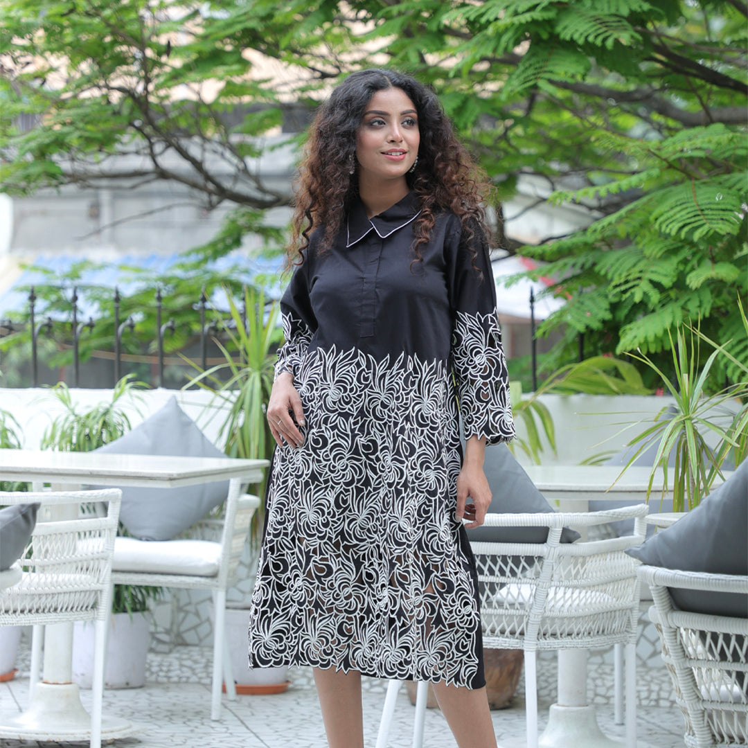 Black and white cutwork dress
