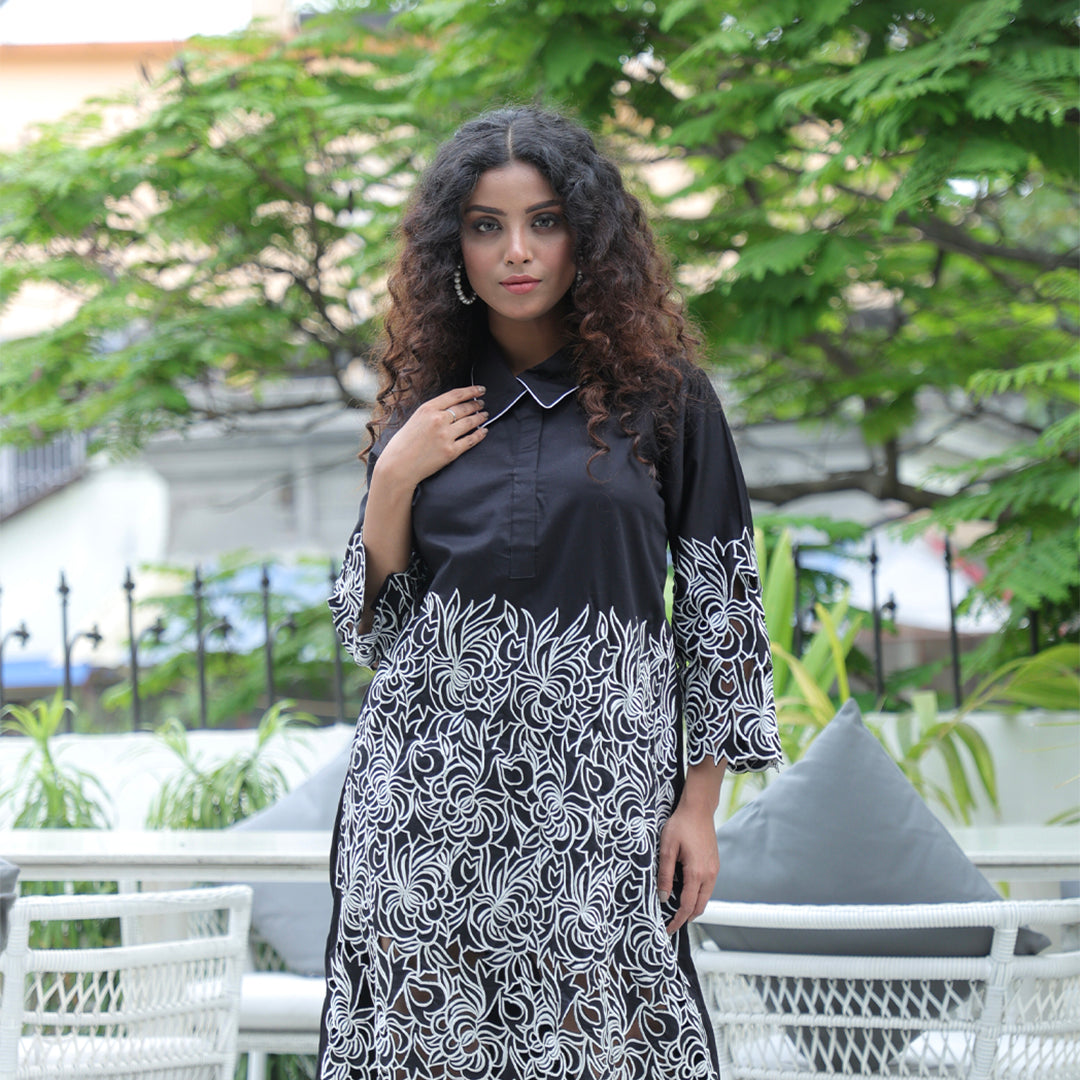 Black and white cutwork dress