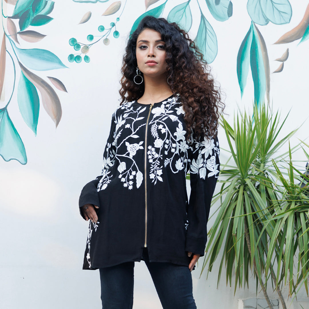 Black crepe top with embroidery