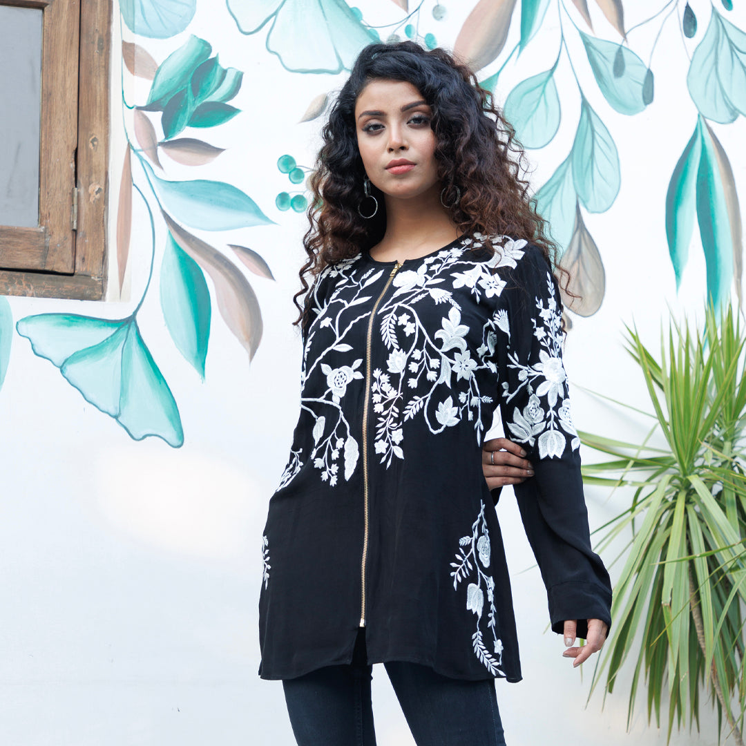 Black crepe top with embroidery