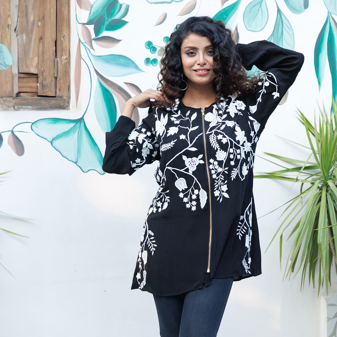 Black crepe top with embroidery