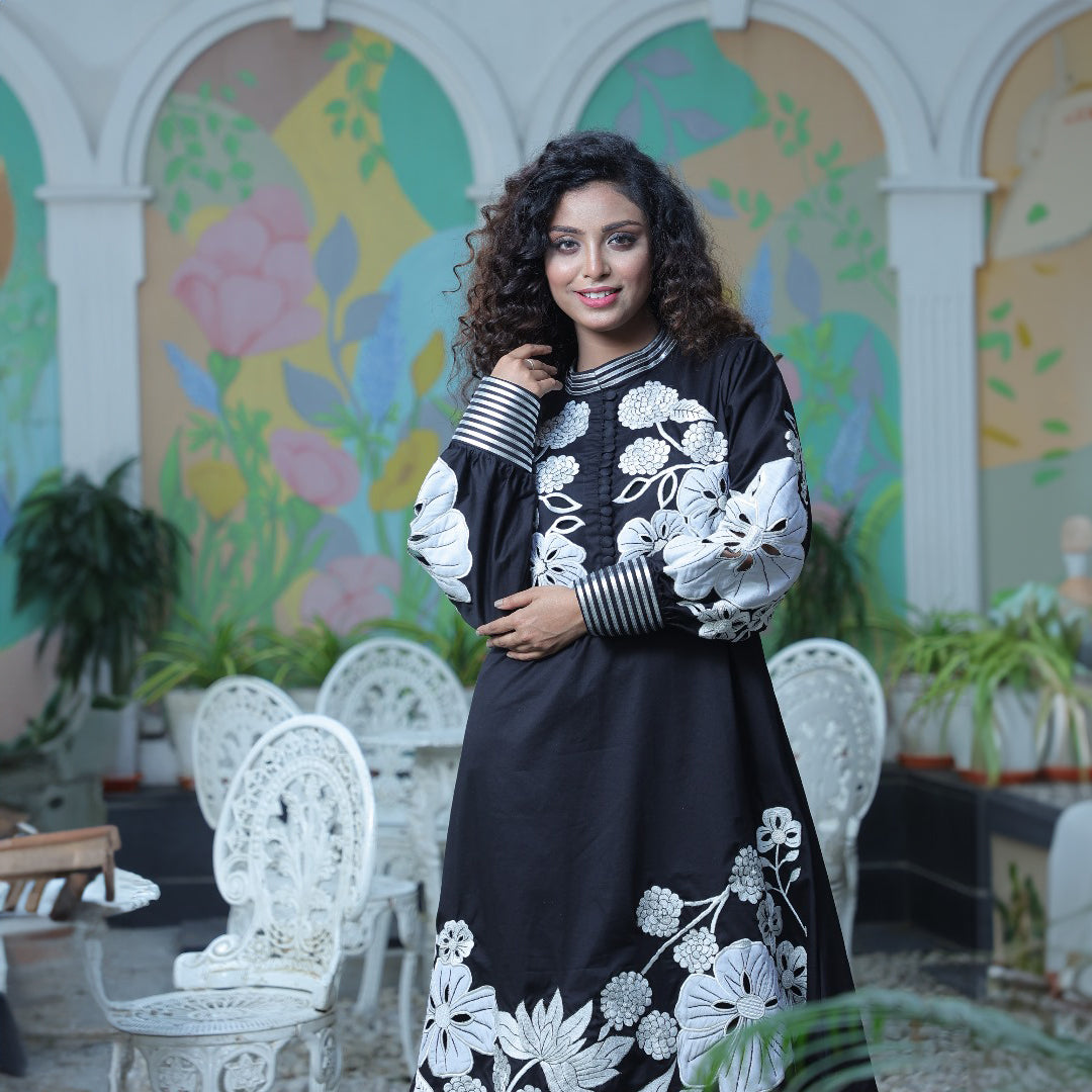 Black poplin cutwork applique dress