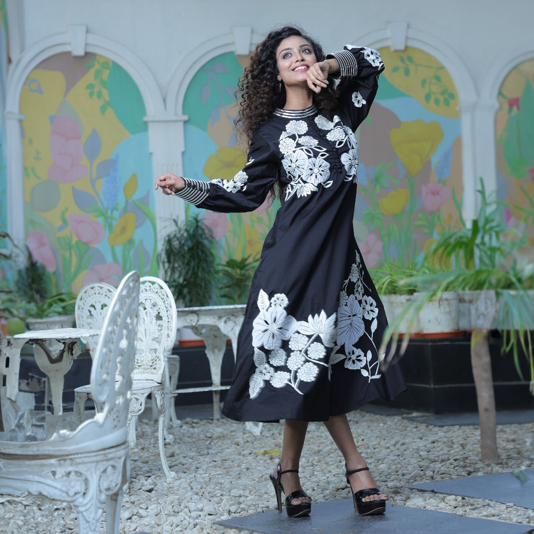 Black poplin cutwork applique dress