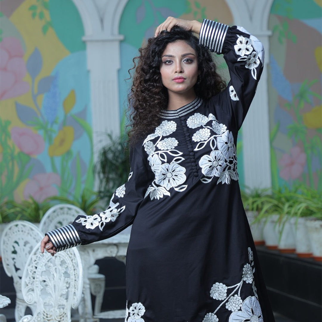 Black poplin cutwork applique dress