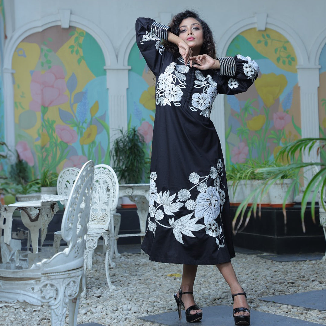 Black poplin cutwork applique dress