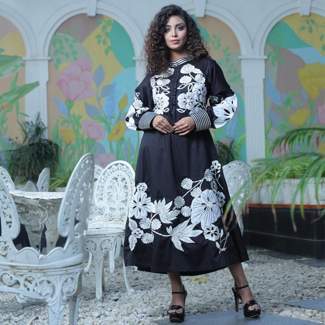 Black poplin cutwork applique dress