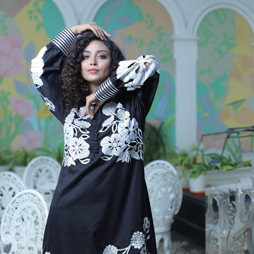 Black poplin cutwork applique dress