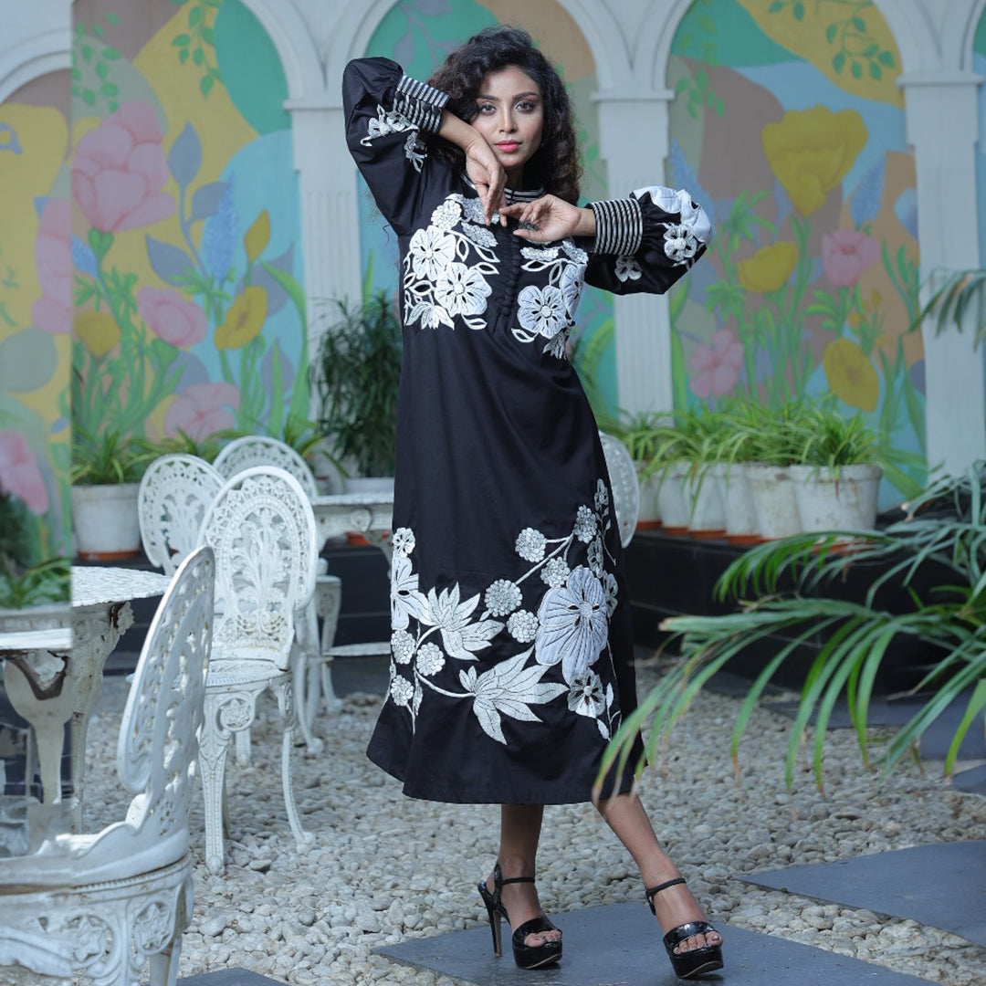 Black poplin cutwork applique dress